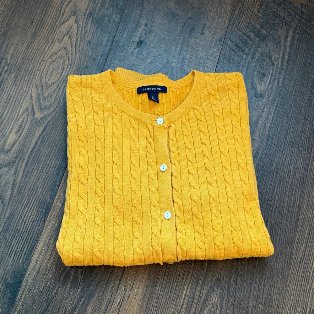 Lands End Women’s Cable Knit Mustard Yellow Cotton Cardigan Size Large - Picture 6 of 12